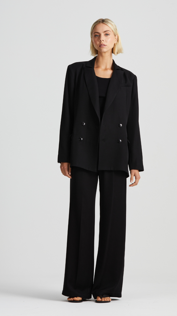 Signature Relaxed Double Breasted Blazer, Black Twill Tencel